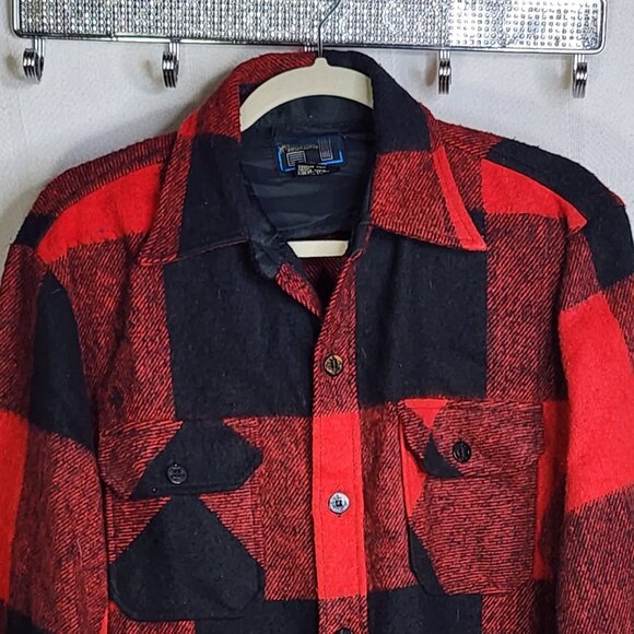 Bronzini Red and Black Buffalo Check Wool Blend Semi Lined Vintage Shacket Sz L - Picture 2 of 16